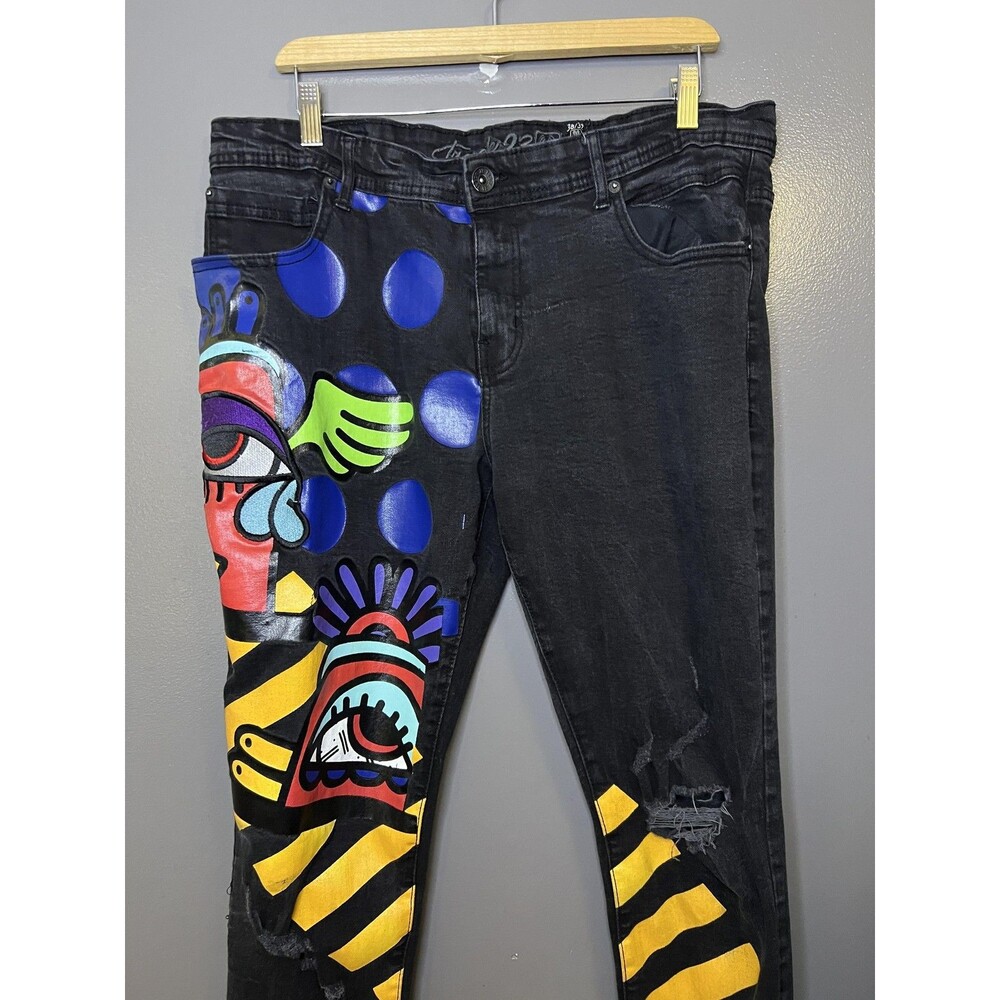 Track 23 Jeans Mens 38x32 Black Graphic Stripe Distressed Skinny Denim